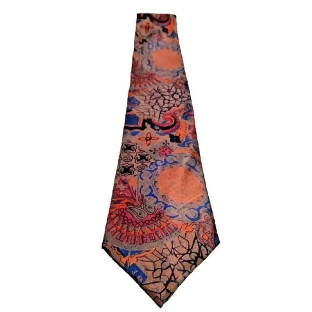 Thai Silk Men Abstract 100% Pure Silk Tie Blue & Peach Necktie Made‎ in Thailand